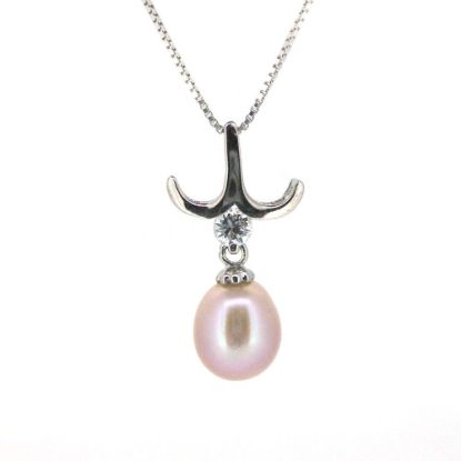 Wholesale Sterling Silver Pink Freshwater Pearl and CZ Stone Petal Pendant Necklace-16"