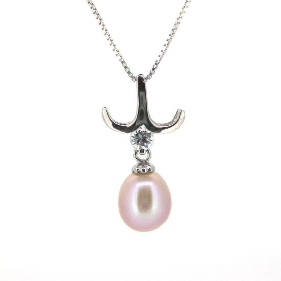 Wholesale Sterling Silver Pink Freshwater Pearl and CZ Stone Petal Pendant Necklace-16"