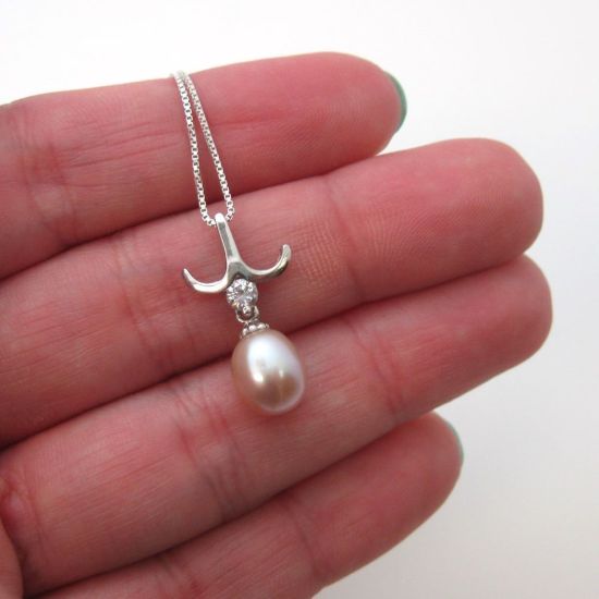 Wholesale Sterling Silver Pink Freshwater Pearl and CZ Stone Petal Pendant Necklace-16"