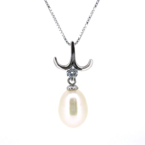 Wholesale Sterling Silver White Freshwater Pearl and CZ Stone Petal Pendant Necklace-16"