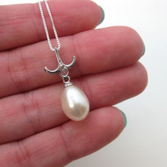 Wholesale Sterling Silver White Freshwater Pearl and CZ Stone Petal Pendant Necklace-16"