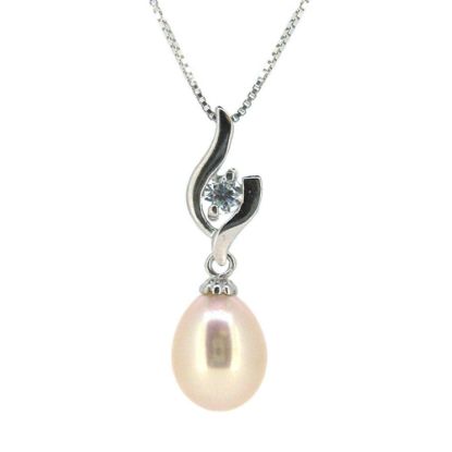 Wholesale Sterling Silver Cream Freshwater Pearl and CZ Stone Flame Pendant Necklace-16"