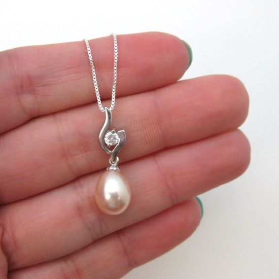 Wholesale Sterling Silver Cream Freshwater Pearl and CZ Stone Flame Pendant Necklace-16"