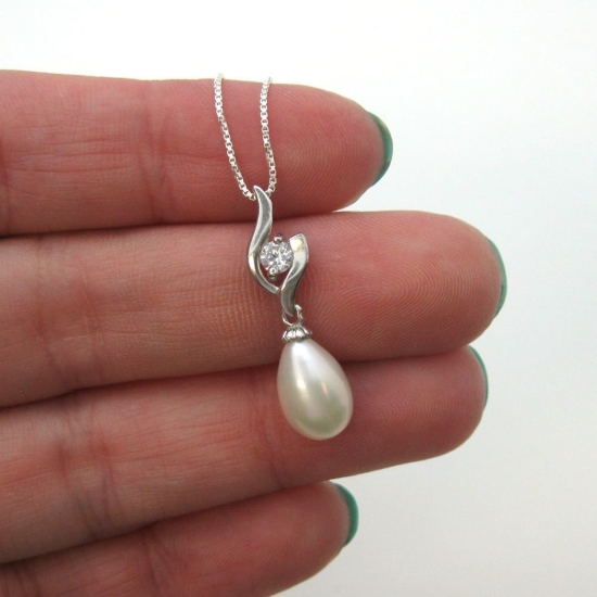 Wholesale Sterling Silver White Freshwater Pearl and CZ Stone Flame Pendant Necklace-16"