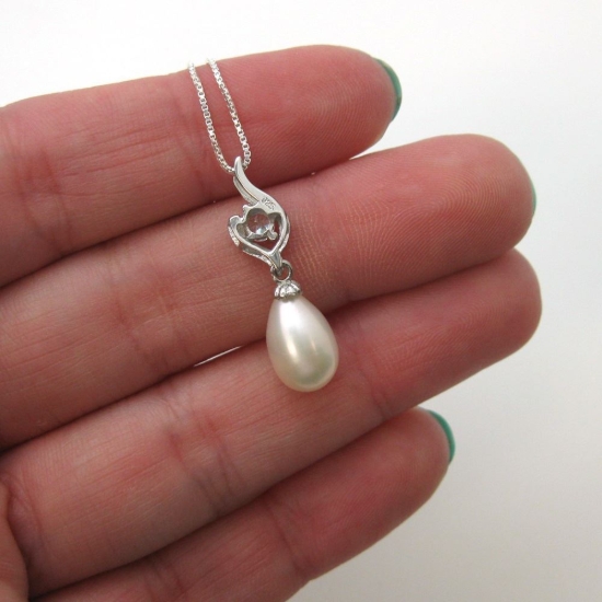 Wholesale Sterling Silver White Freshwater Pearl and CZ Stone Flame Pendant Necklace-16"