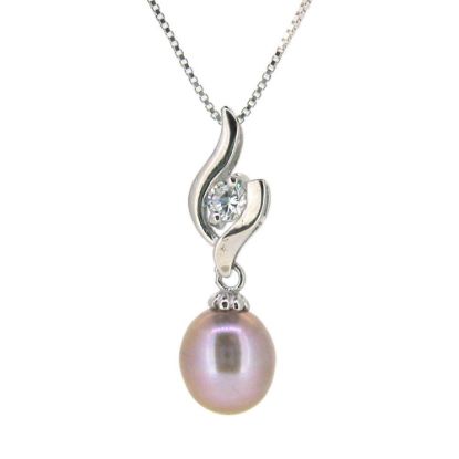 Wholesale Sterling Silver Pink Freshwater Pearl and CZ Stone Flame Pendant Necklace-16"