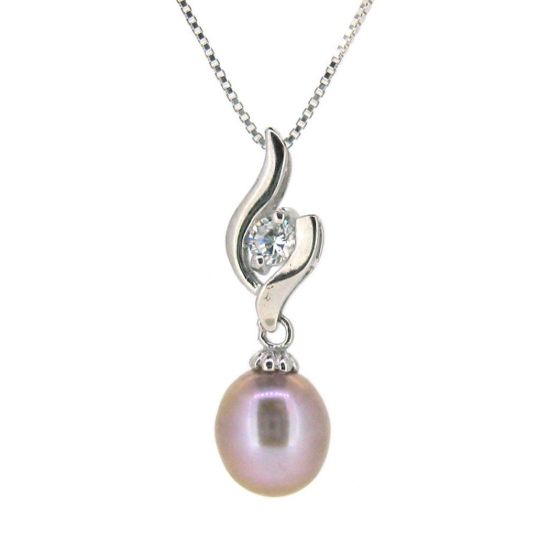 Wholesale Sterling Silver Pink Freshwater Pearl and CZ Stone Flame Pendant Necklace-16"
