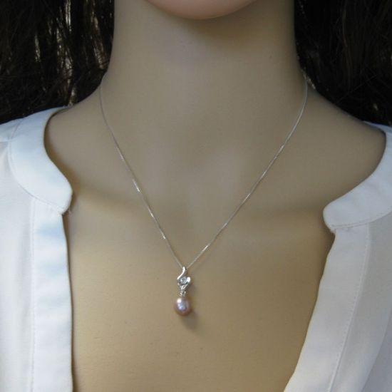 Wholesale Sterling Silver Pink Freshwater Pearl and CZ Stone Flame Pendant Necklace-16"