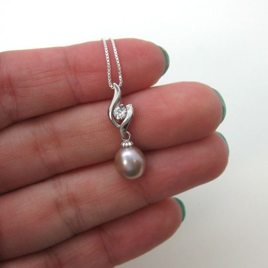 Wholesale Sterling Silver Pink Freshwater Pearl and CZ Stone Flame Pendant Necklace-16"