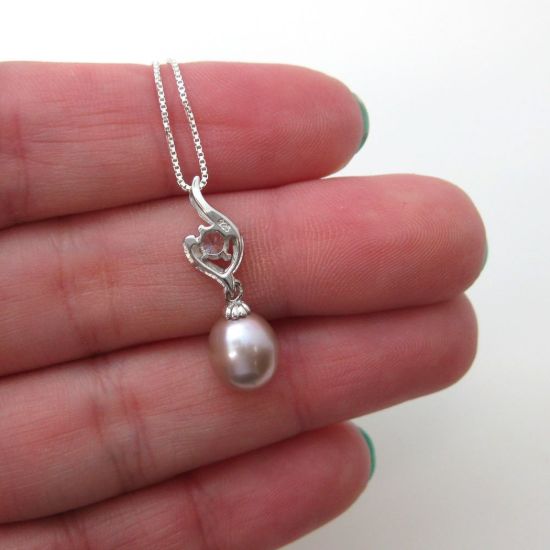 Wholesale Sterling Silver Pink Freshwater Pearl and CZ Stone Flame Pendant Necklace-16"