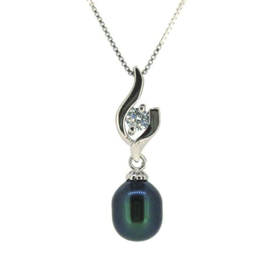 Wholesale Sterling Silver Peacock Freshwater Pearl and CZ Stone Flame Pendant Necklace-16"