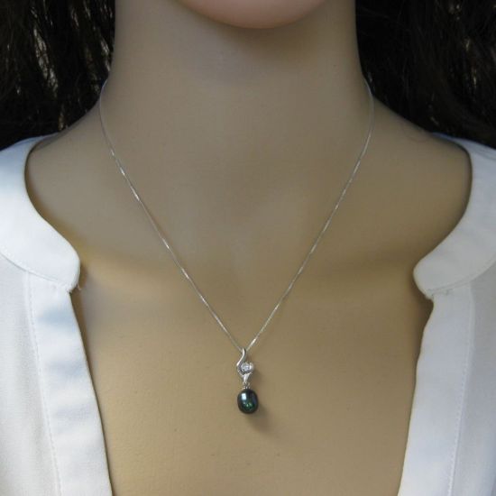 Wholesale Sterling Silver Peacock Freshwater Pearl and CZ Stone Flame Pendant Necklace-16"