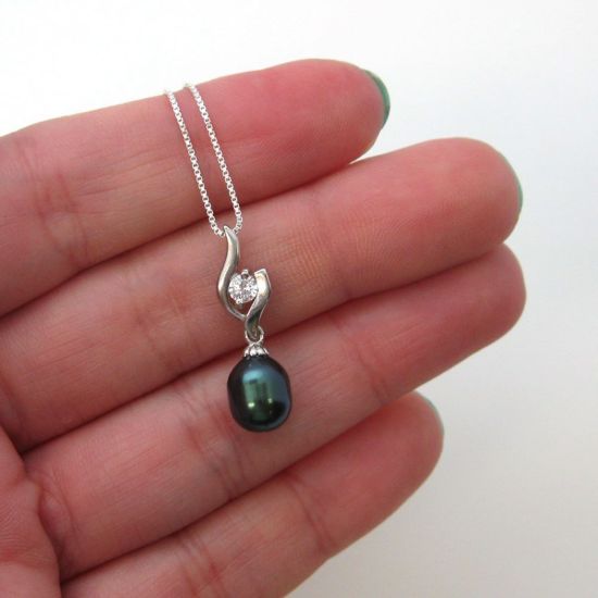 Wholesale Sterling Silver Peacock Freshwater Pearl and CZ Stone Flame Pendant Necklace-16"