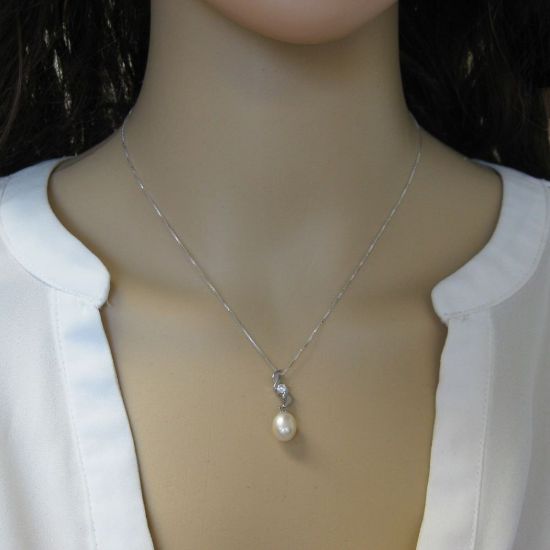 Wholesale Sterling Silver White Freshwater Pearl and CZ Stone Zigzag Pendant Necklace-16"