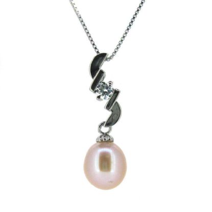 Wholesale Sterling Silver Pink Freshwater Pearl and CZ Stone Zigzag Pendant Necklace-16"