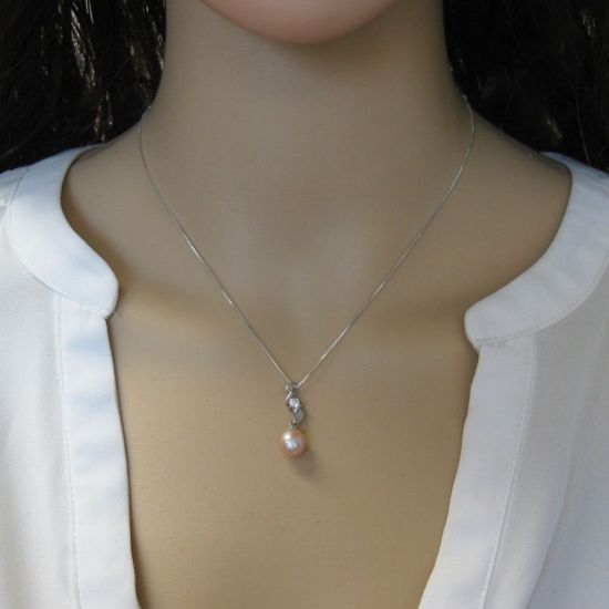 Wholesale Sterling Silver Pink Freshwater Pearl and CZ Stone Zigzag Pendant Necklace-16"