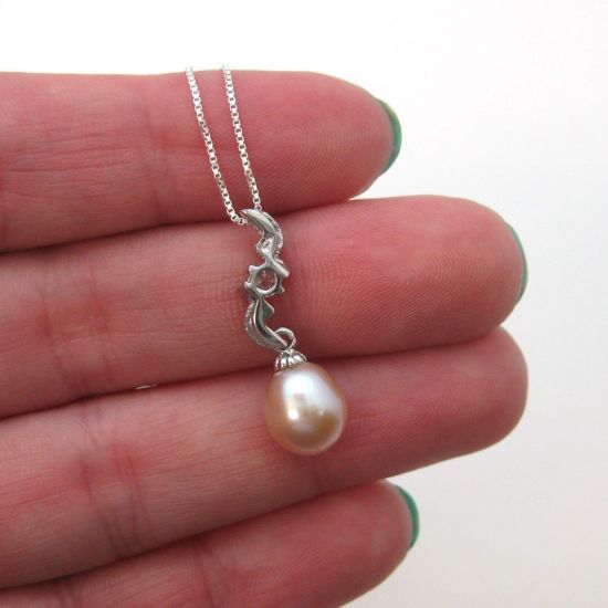 Wholesale Sterling Silver Pink Freshwater Pearl and CZ Stone Zigzag Pendant Necklace-16"