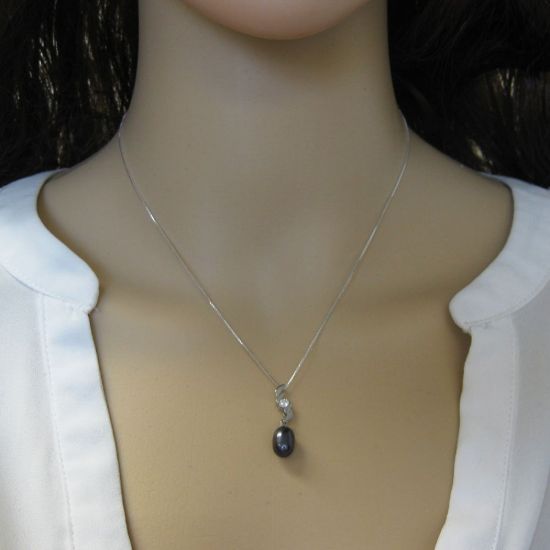 Wholesale Sterling Silver Peacock Freshwater Pearl and CZ Stone Zigzag Pendant Necklace-16"
