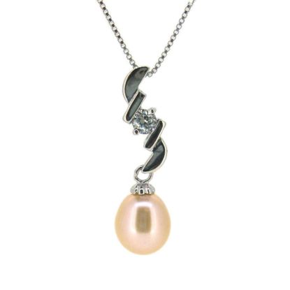 Wholesale Sterling Silver Cream Freshwater Pearl and CZ Stone Zigzag Pendant Necklace-16"