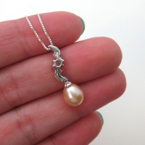 Wholesale Sterling Silver Cream Freshwater Pearl and CZ Stone Zigzag Pendant Necklace-16"