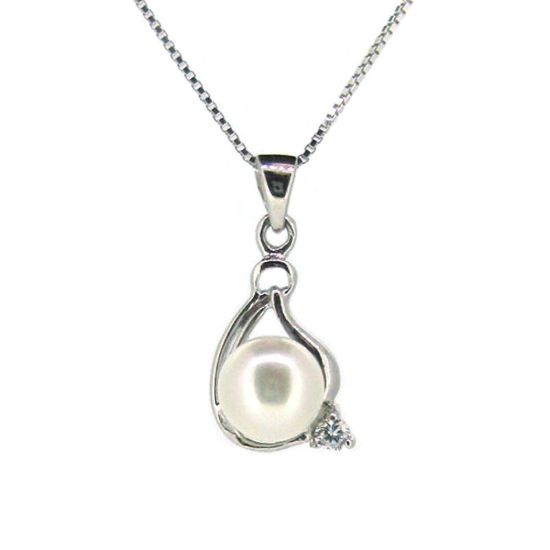 Wholesale Sterling Silver White Freshwater Pearl and CZ Stone Teardrop Pendant Necklace-16"