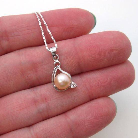 Wholesale Sterling Silver Cream Freshwater Pearl and CZ Stone Teardrop Pendant Necklace-16"