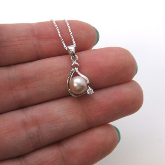 Wholesale Sterling Silver Pink Freshwater Pearl and CZ Stone Teardrop Pendant Necklace-16"