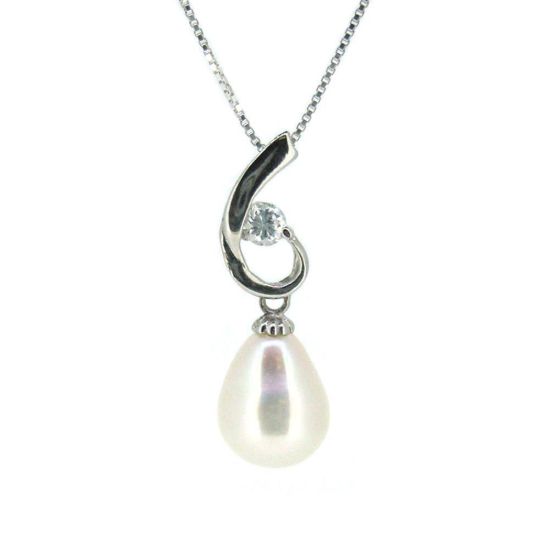 Wholesale Sterling Silver White Freshwater Pearl and CZ Stone Swirl Pendant Necklace-16"