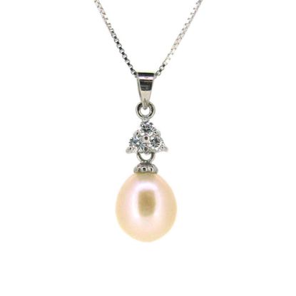 Wholesale Sterling Silver Cream Freshwater Pearl and Triangle CZ Stone Pendant Necklace-16"