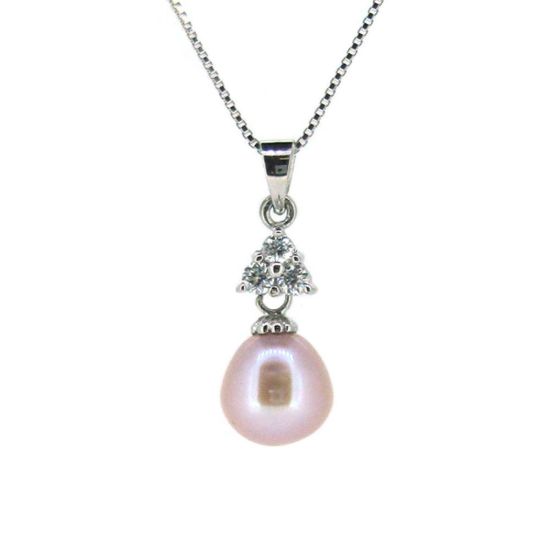 Wholesale Sterling Silver Pink Freshwater Pearl and Triangle CZ Stone Pendant Necklace-16"