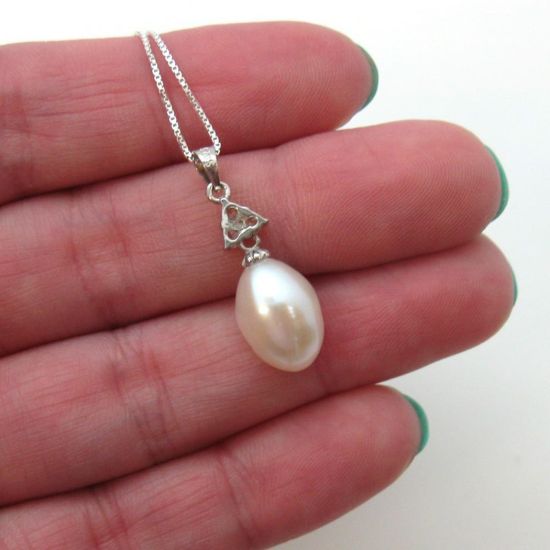 Wholesale Sterling Silver White Freshwater Pearl and Triangle CZ Stone Pendant Necklace-16"