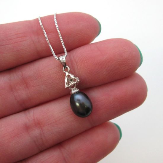 Wholesale Sterling Silver Peacock Freshwater Pearl and Triangle CZ Stone Pendant Necklace-16"