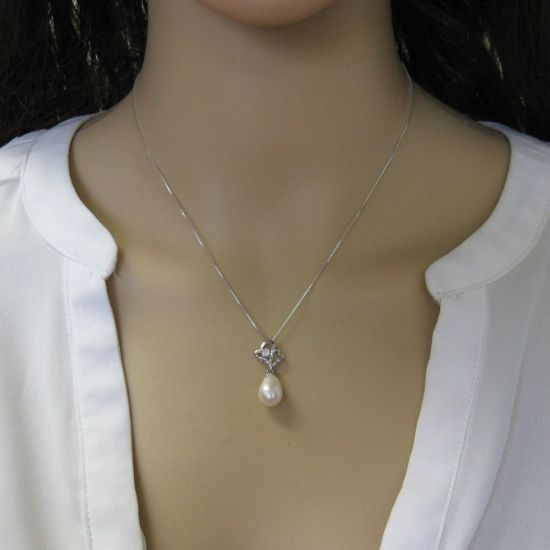 Wholesale Sterling Silver White Freshwater Pearl and CZ Stone Heart Pendant Necklace-16"