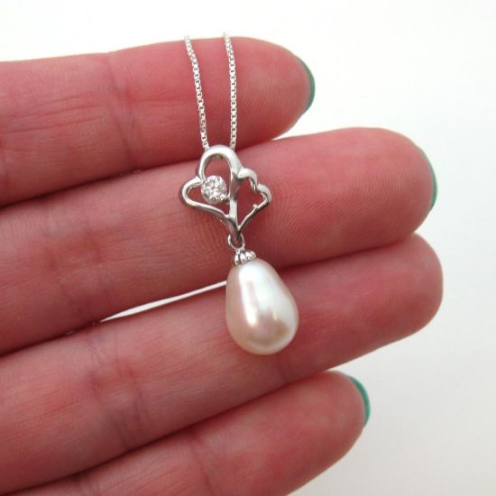 Wholesale Sterling Silver White Freshwater Pearl and CZ Stone Heart Pendant Necklace-16"