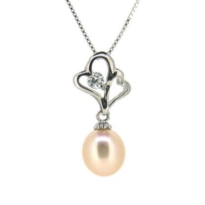 Wholesale Sterling Silver Cream Freshwater Pearl and CZ Stone Heart Pendant Necklace-16"