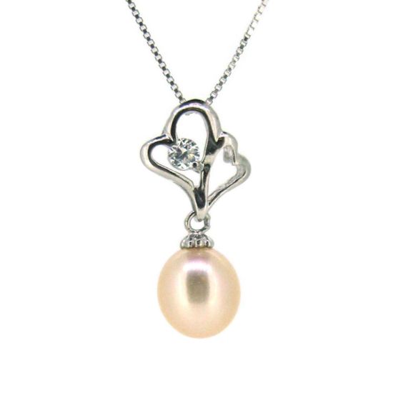 Wholesale Sterling Silver Cream Freshwater Pearl and CZ Stone Heart Pendant Necklace-16"
