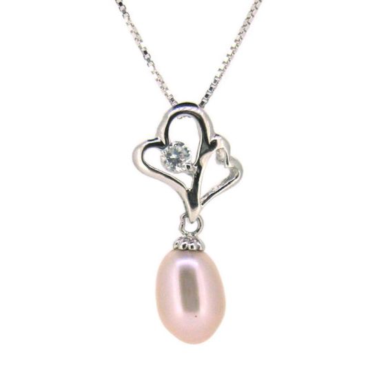 Wholesale Sterling Silver Pink Freshwater Pearl and CZ Stone Heart Pendant Necklace-16"