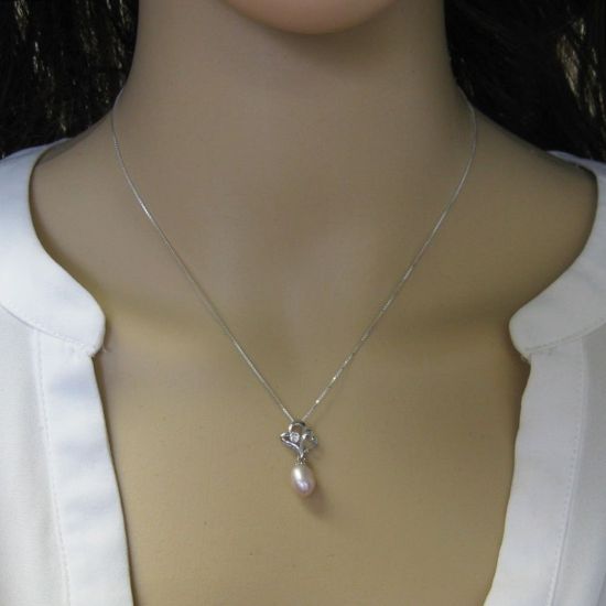 Wholesale Sterling Silver Pink Freshwater Pearl and CZ Stone Heart Pendant Necklace-16"