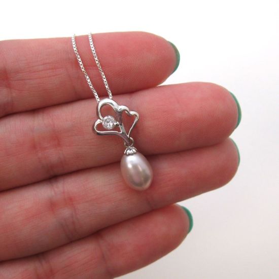 Wholesale Sterling Silver Pink Freshwater Pearl and CZ Stone Heart Pendant Necklace-16"
