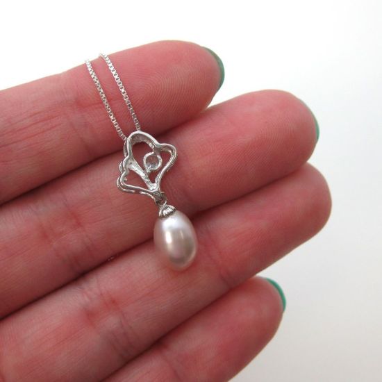 Wholesale Sterling Silver Pink Freshwater Pearl and CZ Stone Heart Pendant Necklace-16"