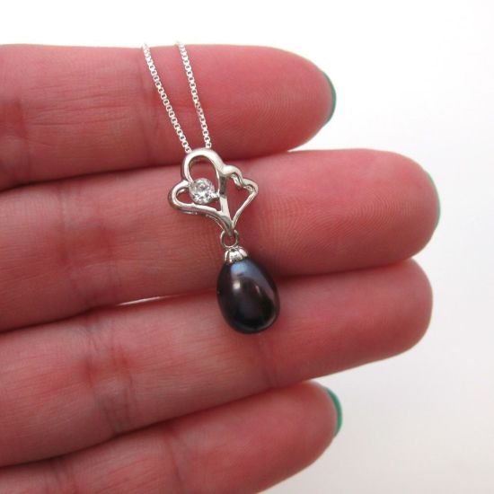 Wholesale Sterling Silver Peacock Freshwater Pearl and CZ Stone Heart Pendant Necklace-16"
