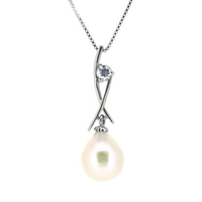 Wholesale Sterling Silver White Freshwater Pearl and CZ Stone Crossed Pendant Necklace-16"