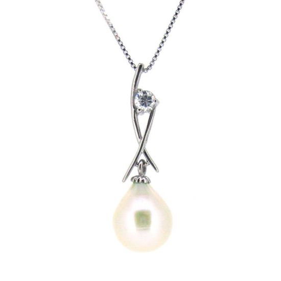 Wholesale Sterling Silver White Freshwater Pearl and CZ Stone Crossed Pendant Necklace-16"