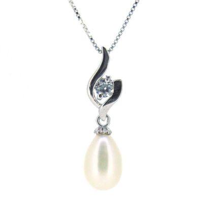 Wholesale Sterling Silver White Freshwater Pearl and CZ Stone Flame Pendant Necklace-16"