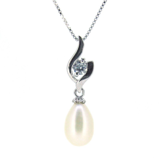 Wholesale Sterling Silver White Freshwater Pearl and CZ Stone Flame Pendant Necklace-16"