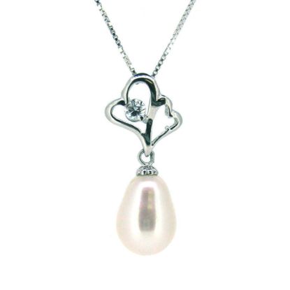 Wholesale Sterling Silver White Freshwater Pearl and CZ Stone Heart Pendant Necklace-16"