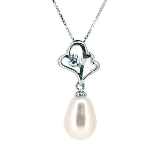 Wholesale Sterling Silver White Freshwater Pearl and CZ Stone Heart Pendant Necklace-16"
