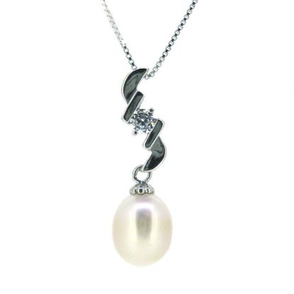 Wholesale Sterling Silver White Freshwater Pearl and CZ Stone Zigzag Pendant Necklace-16"