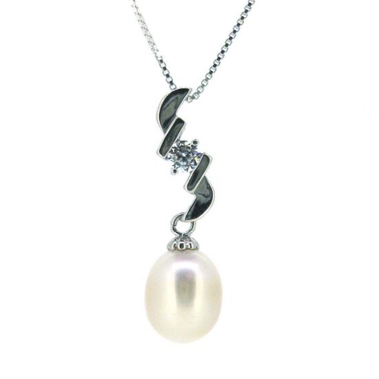 Wholesale Sterling Silver White Freshwater Pearl and CZ Stone Zigzag Pendant Necklace-16"