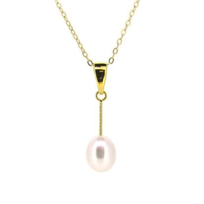 Wholesale Gold Plated Sterling Silver White Freshwater Pearl Dangle Pendant Necklace-16"